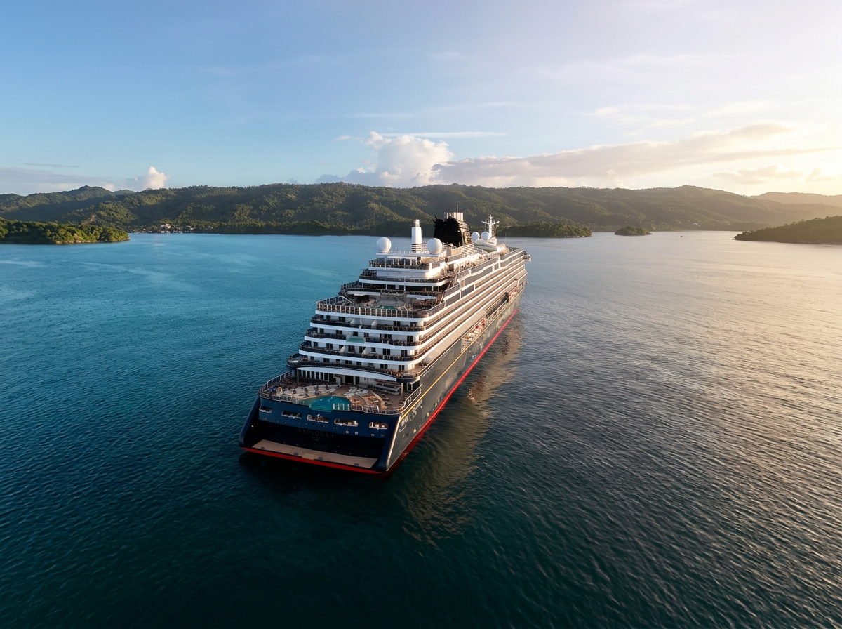 An aerial view of a luxury cruise ship sailing past a forested tropical coastline at golden hour